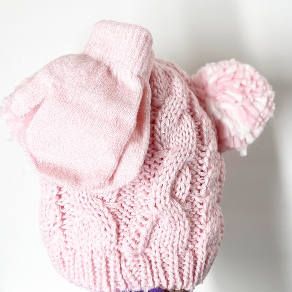 LAURA ASHLEY NWT baby PINK cable knit POM POM hat & mittens SET 12-24‎ Months - Picture 4 of 5